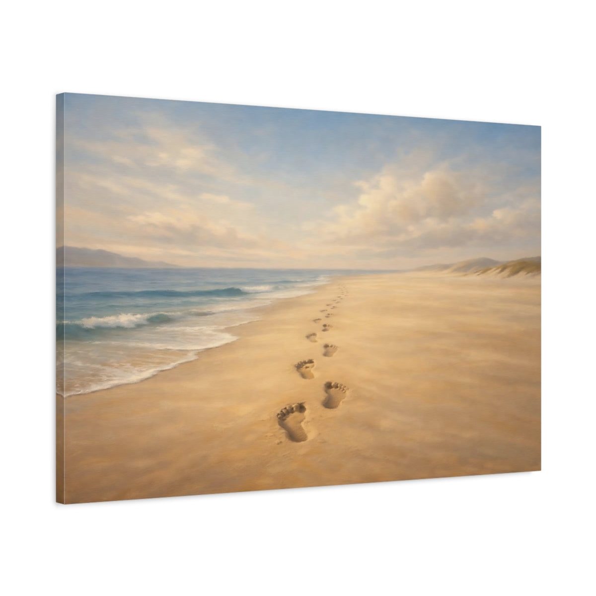 Side Mockup 1. Luxury Minimal Footprints In Sand Horizon Scene shown as stretched canvas wall art