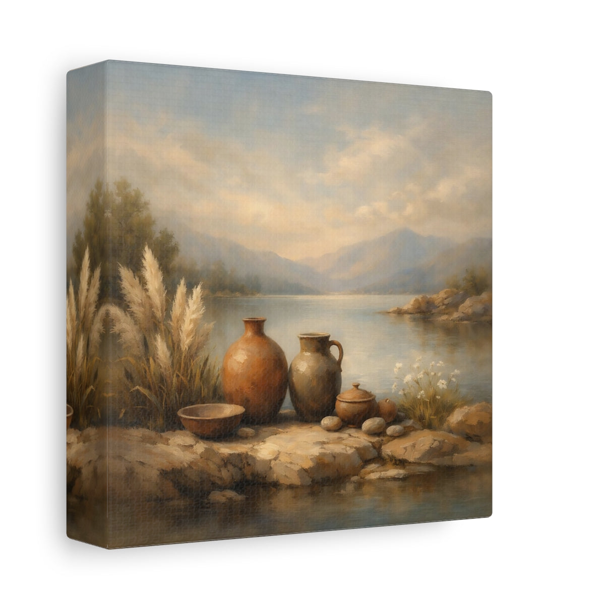 Side Mockup 1. Nature Earthenware Vases Earthenware Lake View shown as stretched canvas wall art