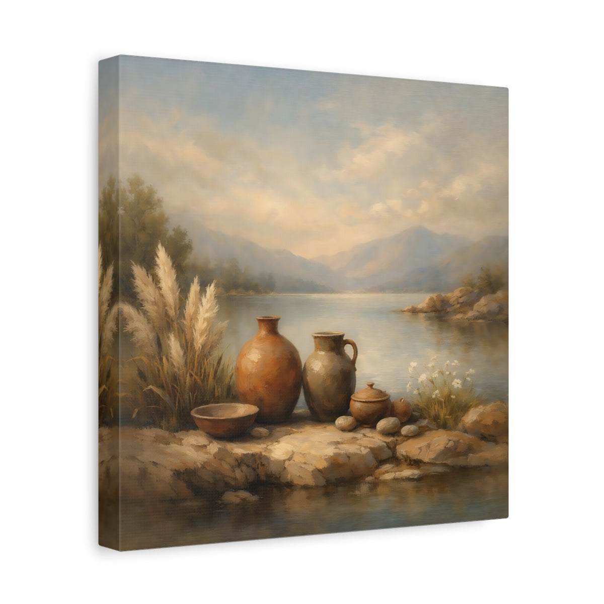 Side Mockup 8. Nature Earthenware Vases Earthenware Lake View shown as stretched canvas wall art