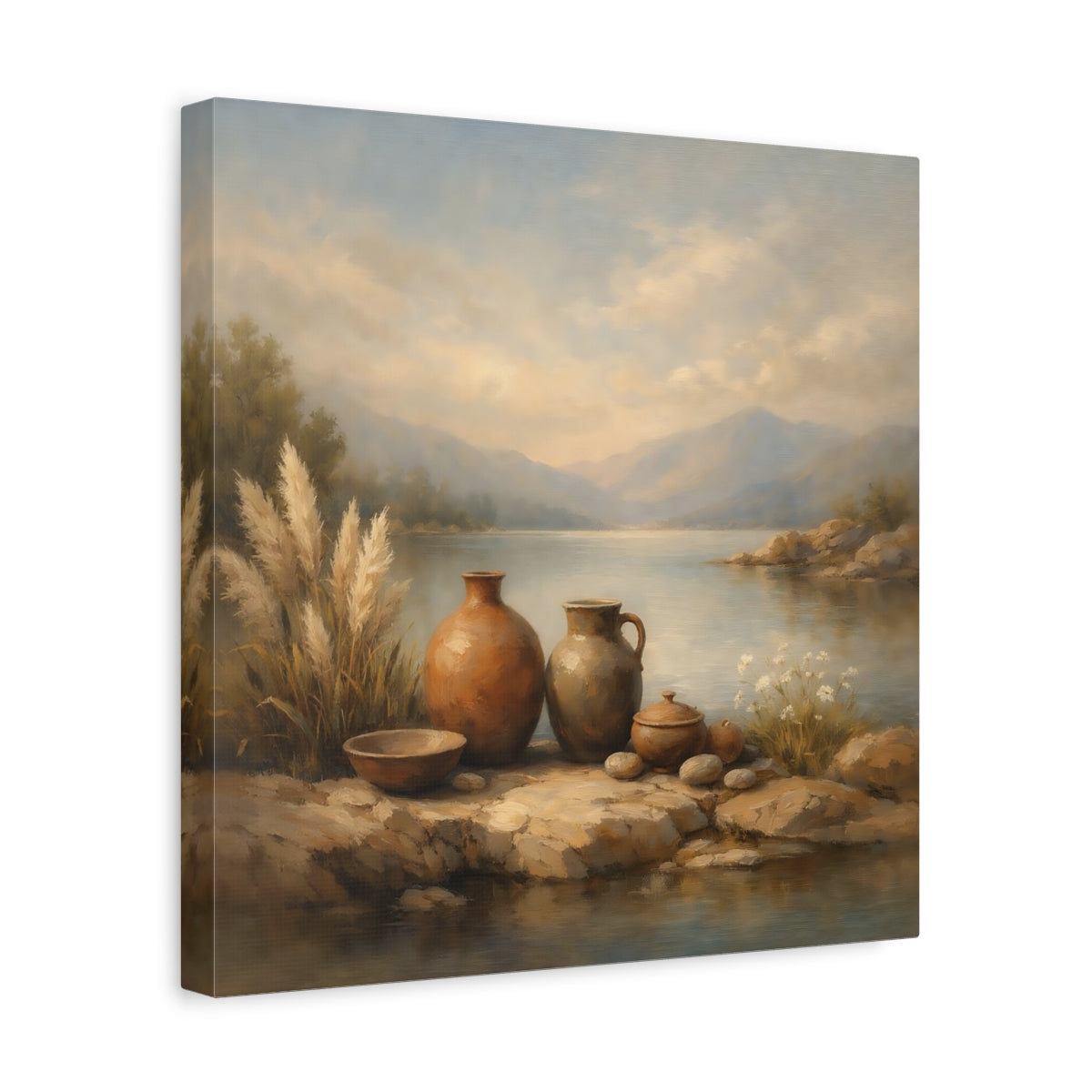 Side Mockup 7. Nature Earthenware Vases Earthenware Lake View shown as stretched canvas wall art