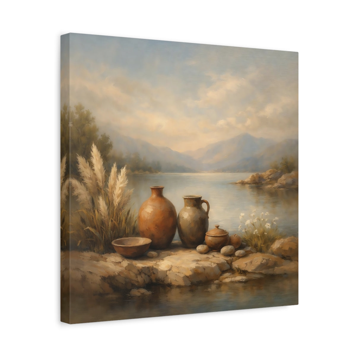 Side Mockup 6. Nature Earthenware Vases Earthenware Lake View shown as stretched canvas wall art