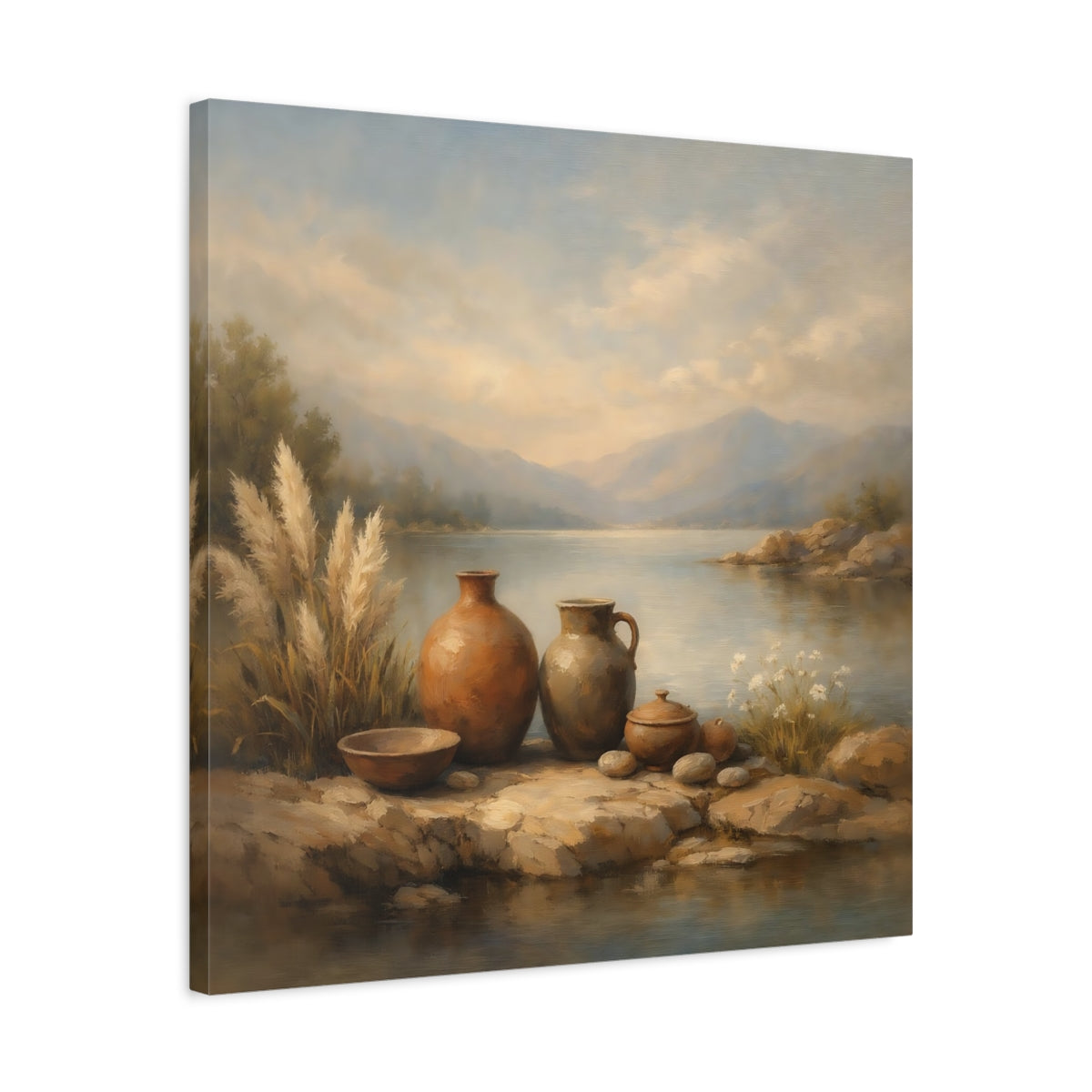 Side Mockup 4. Nature Earthenware Vases Earthenware Lake View shown as stretched canvas wall art