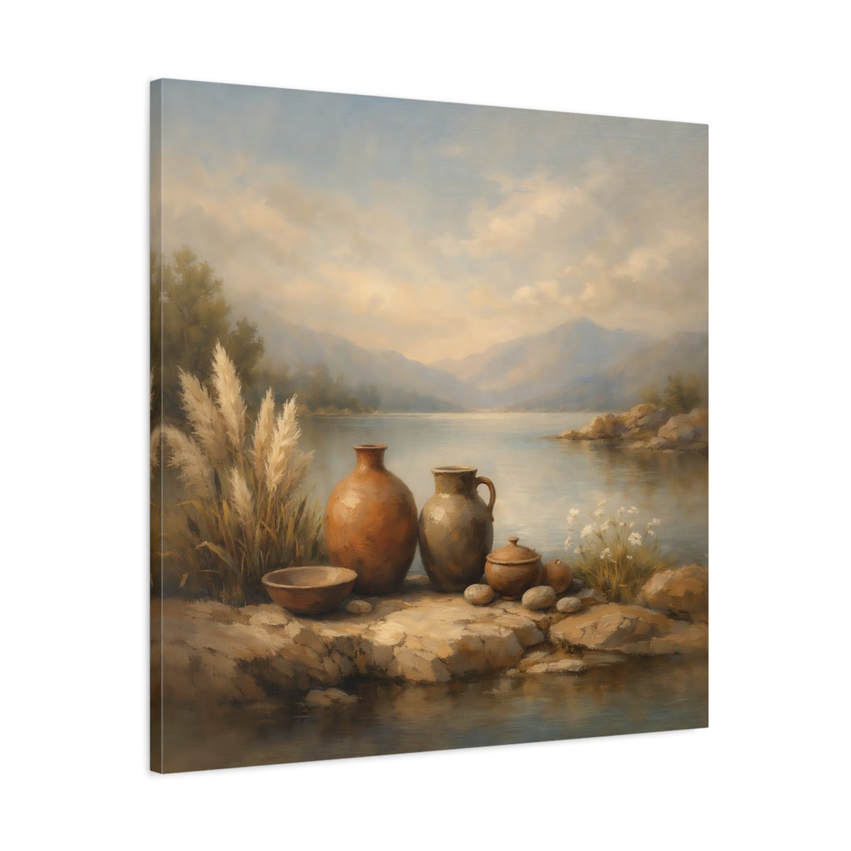 Side Mockup 3. Nature Earthenware Vases Earthenware Lake View shown as stretched canvas wall art