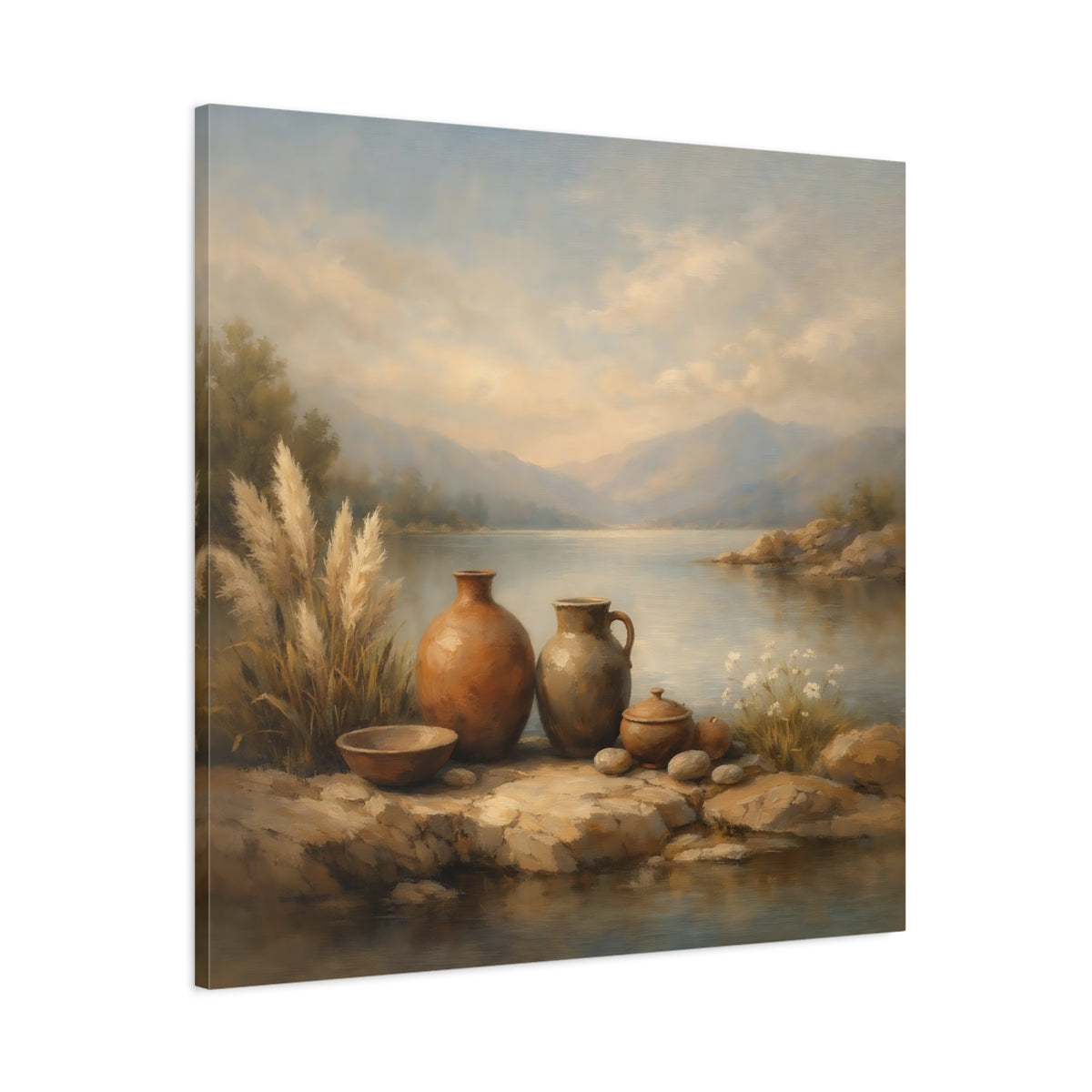 Side Mockup 2. Nature Earthenware Vases Earthenware Lake View shown as stretched canvas wall art