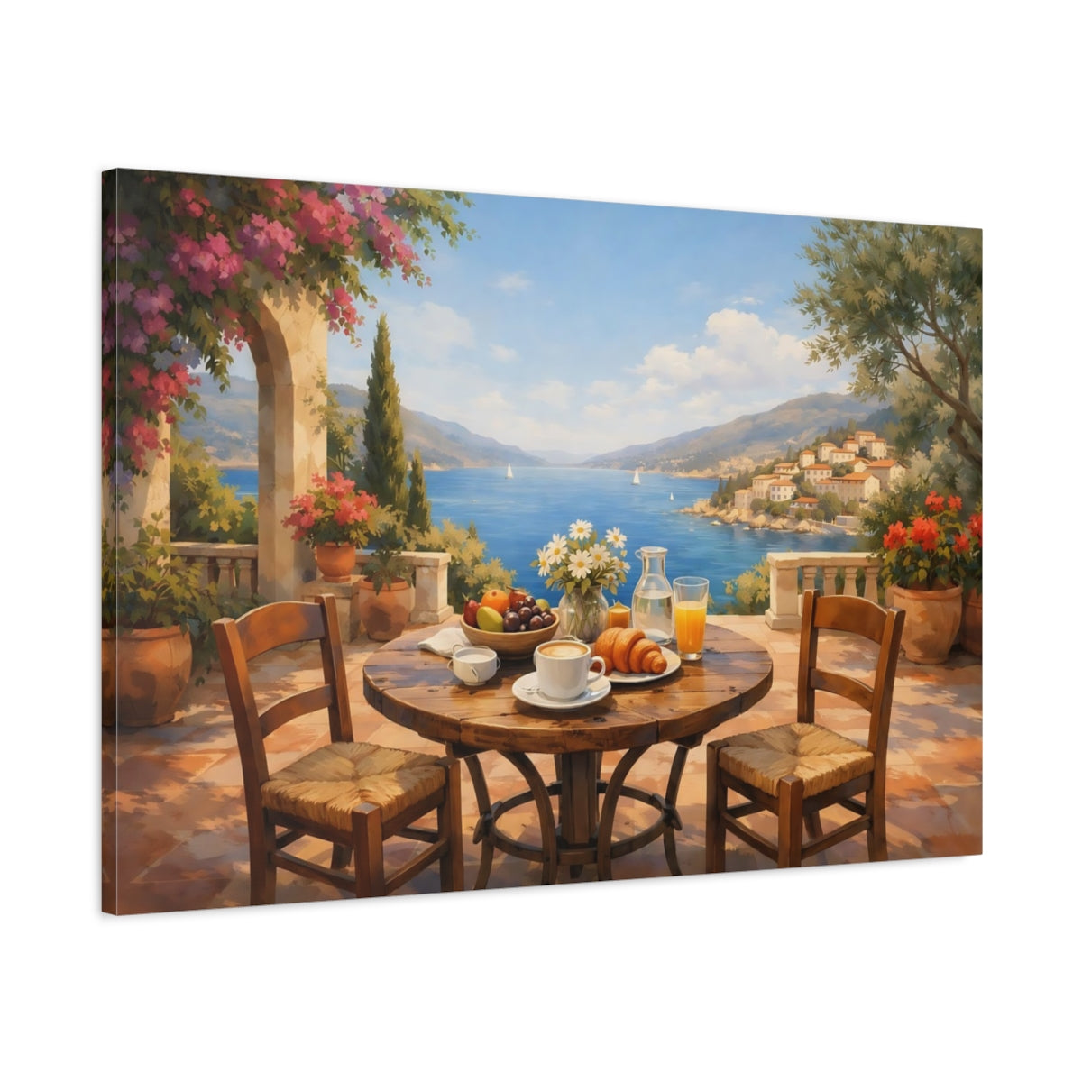 Nature Mediterranean Cafe Terrace Coastal View - Canvas Wall Art Print