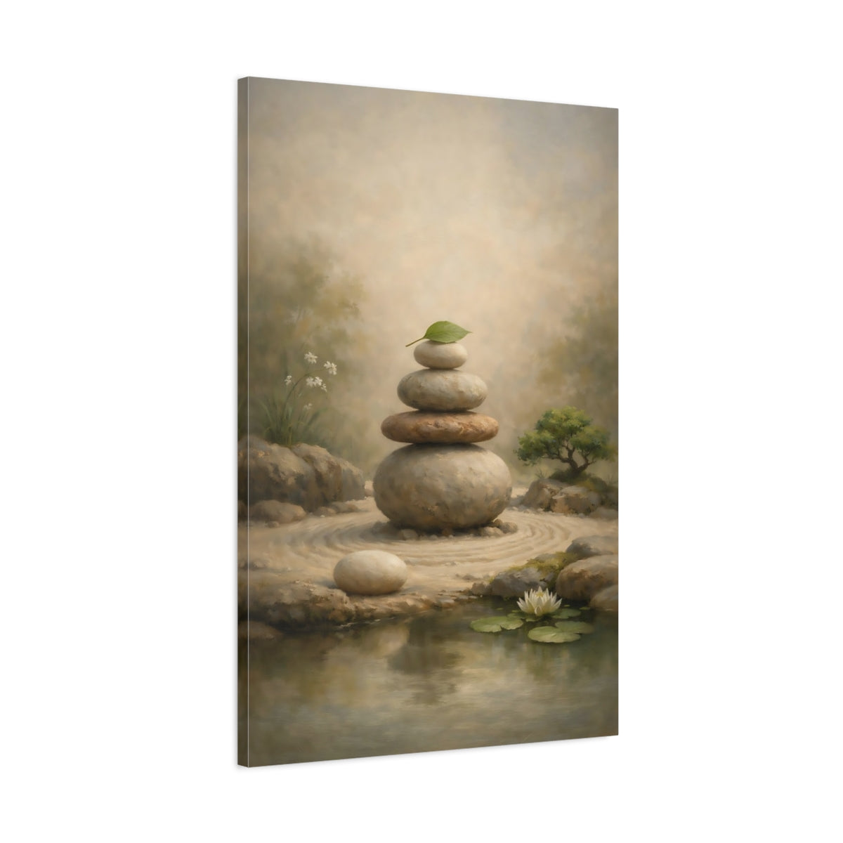 Side Mockup 1. Nature Stacked Stones Zen Garden Stones shown as stretched canvas wall art