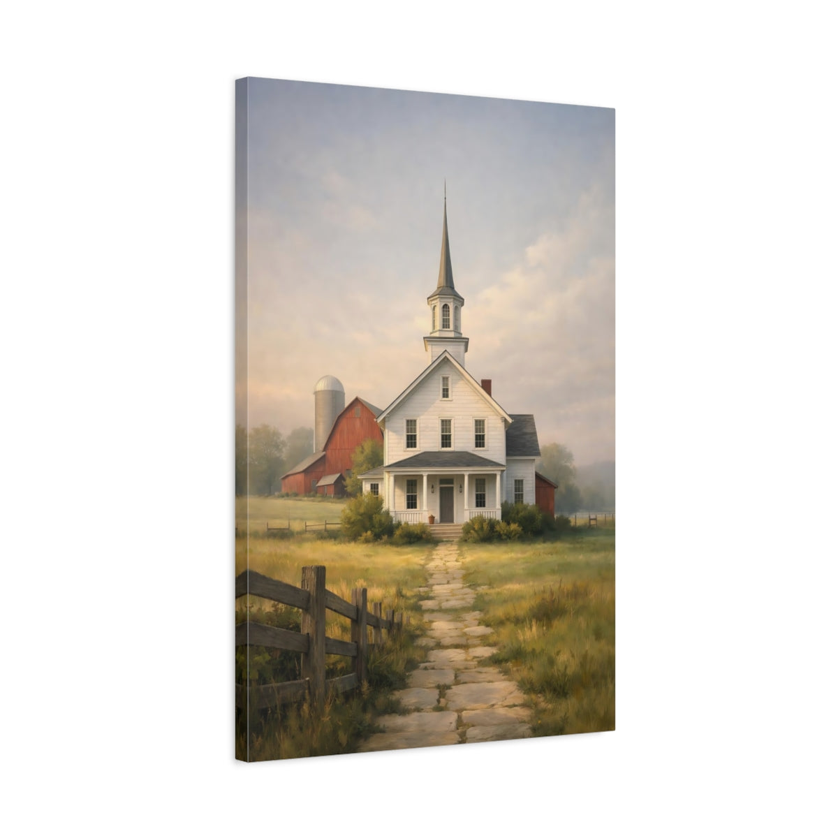 Side Mockup 2. Nature Country Church Rural Church Scene shown as stretched canvas wall art