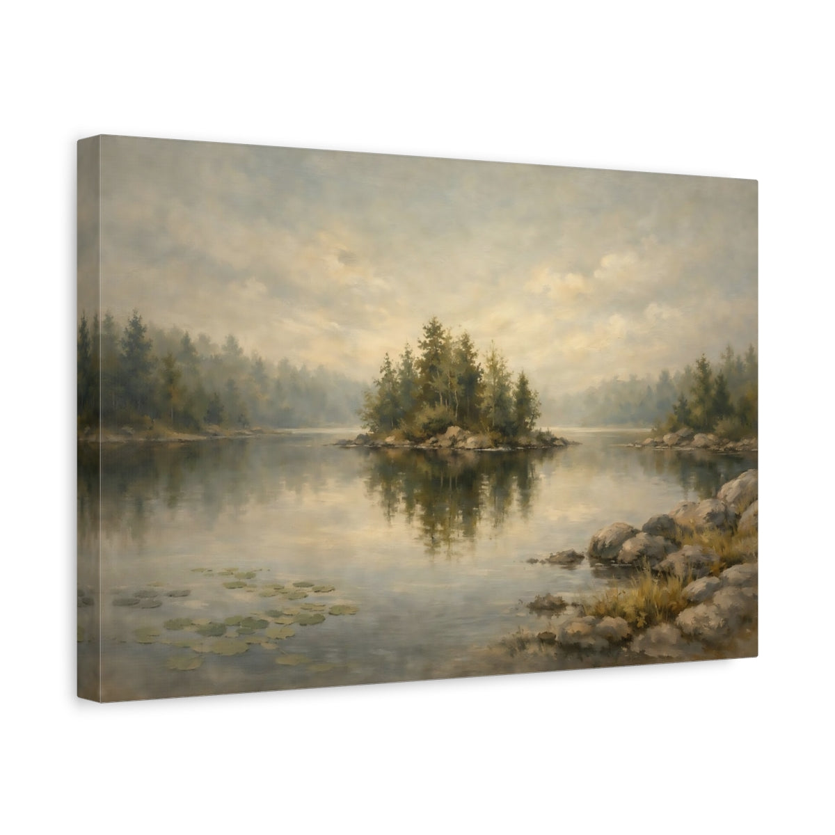 Side Mockup 4. Nature Lake Island Muted Landscape shown as stretched canvas wall art