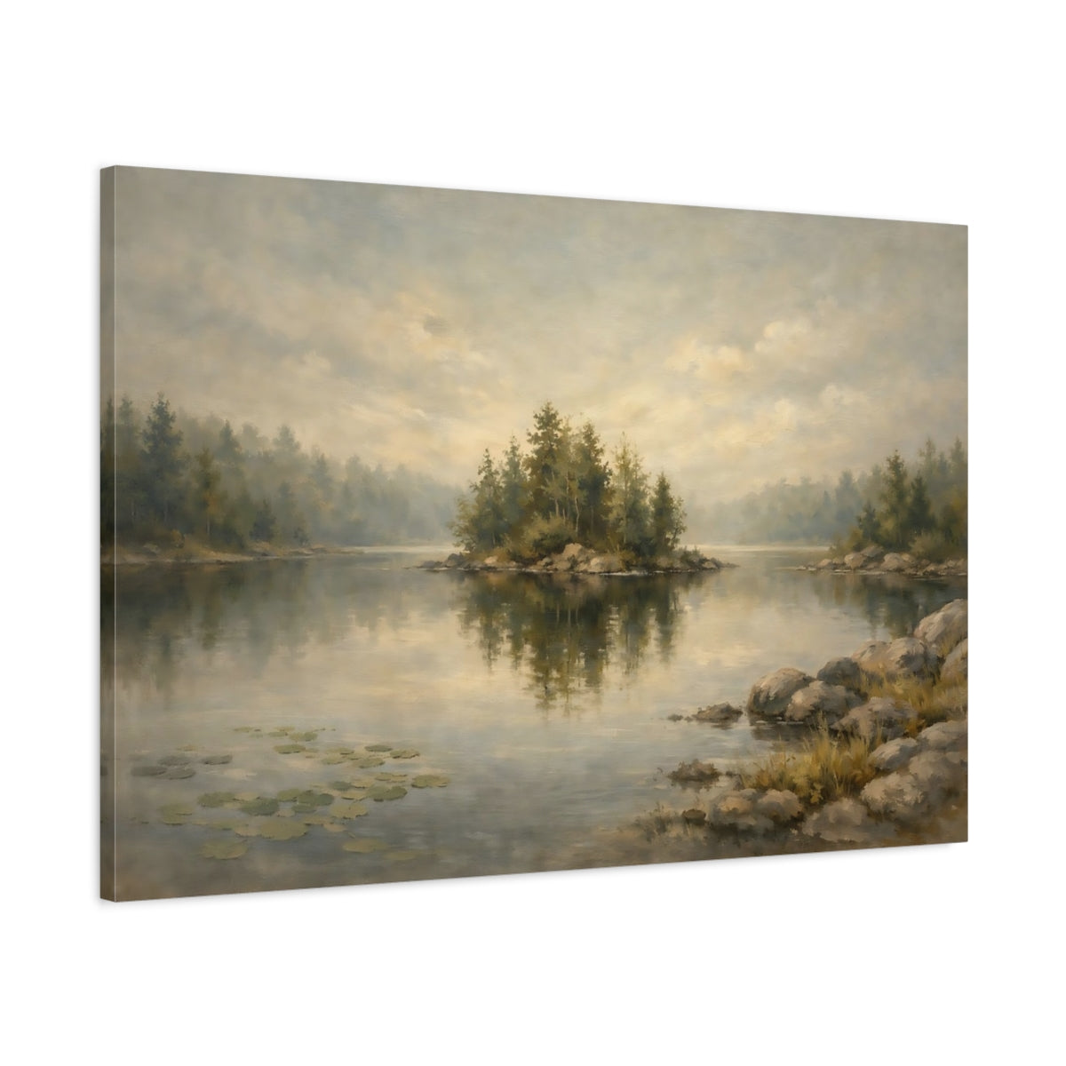 Side Mockup 1. Nature Lake Island Muted Landscape shown as stretched canvas wall art