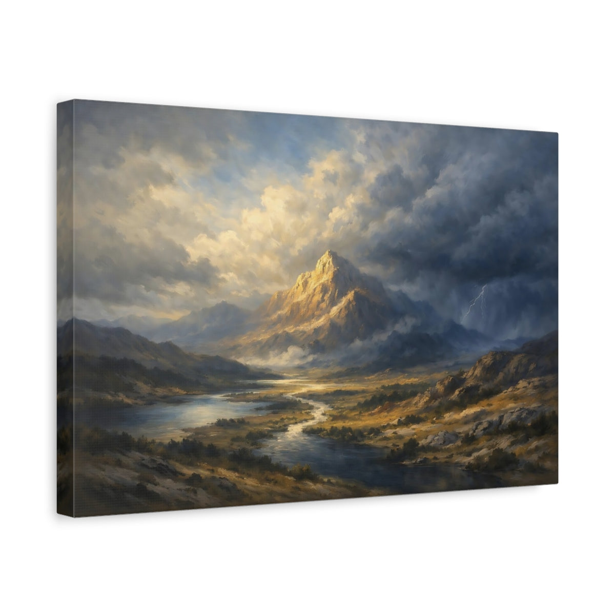 Side Mockup 4. Nature Mountain Dramatic Mountain shown as stretched canvas wall art