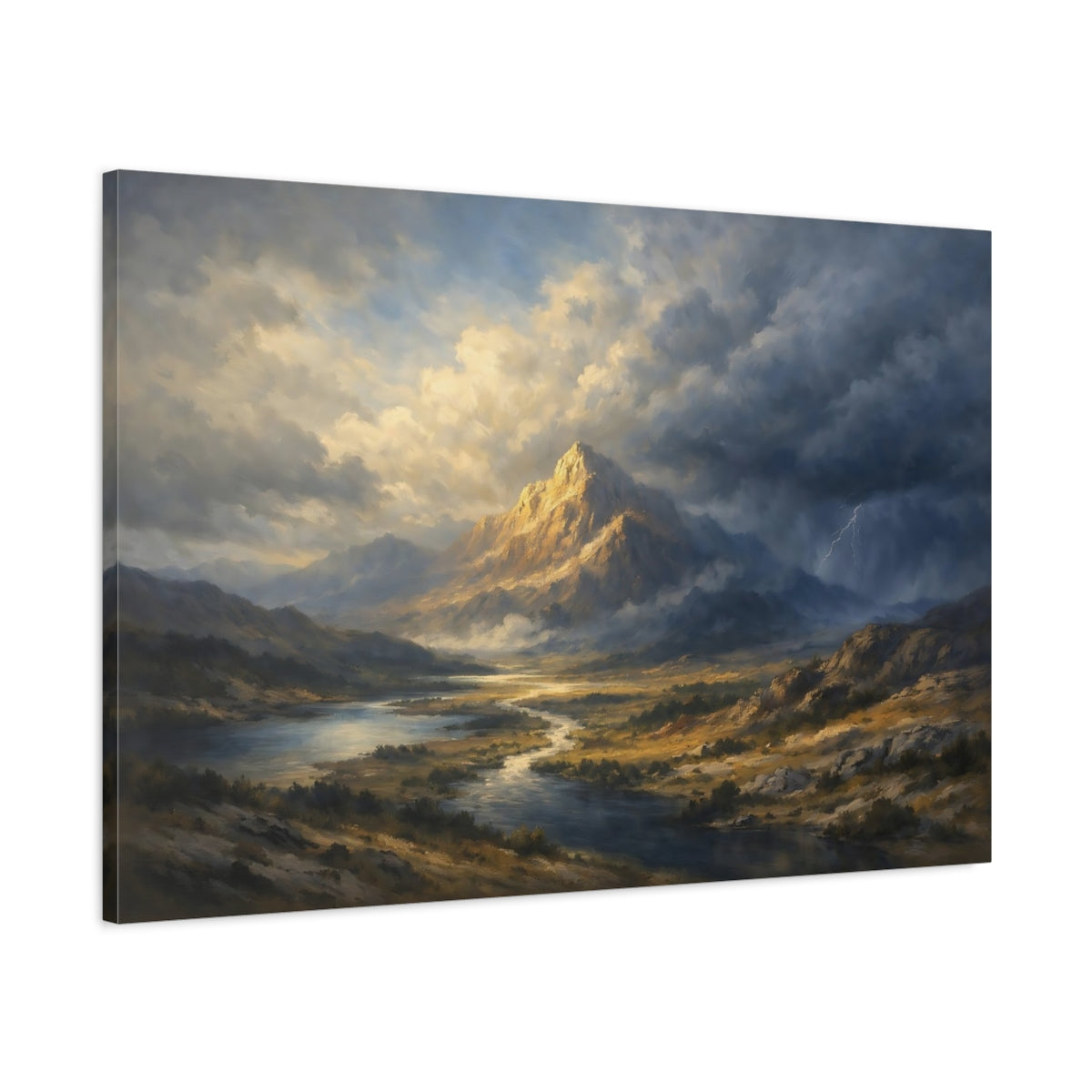 Side Mockup 1. Nature Mountain Dramatic Mountain shown as stretched canvas wall art