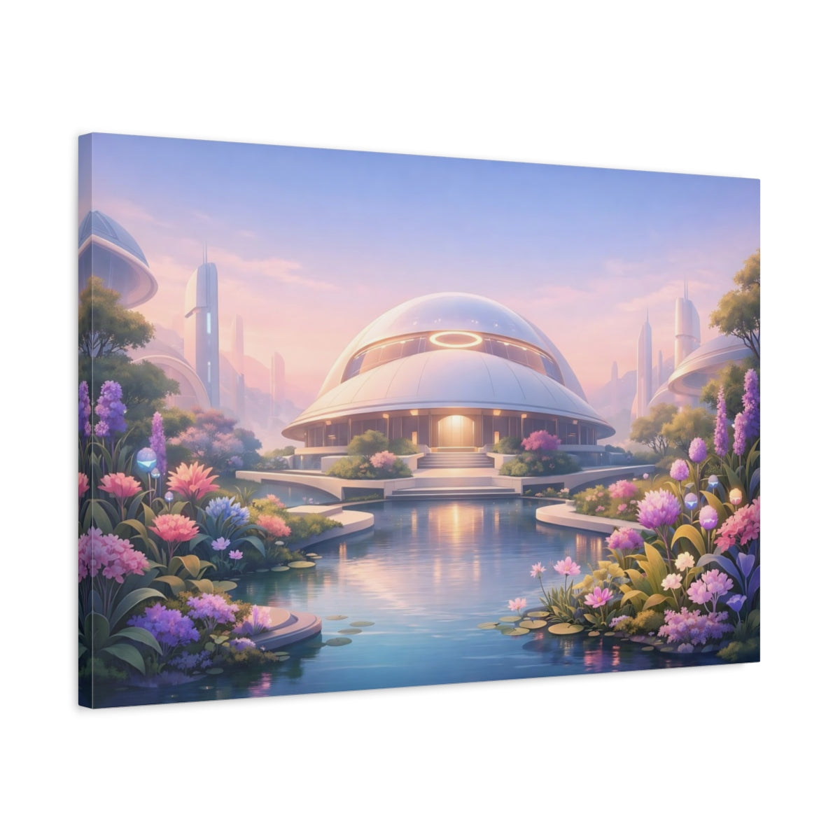 Science Fiction Garden Pastel Dome Building - Canvas Wall Art Print