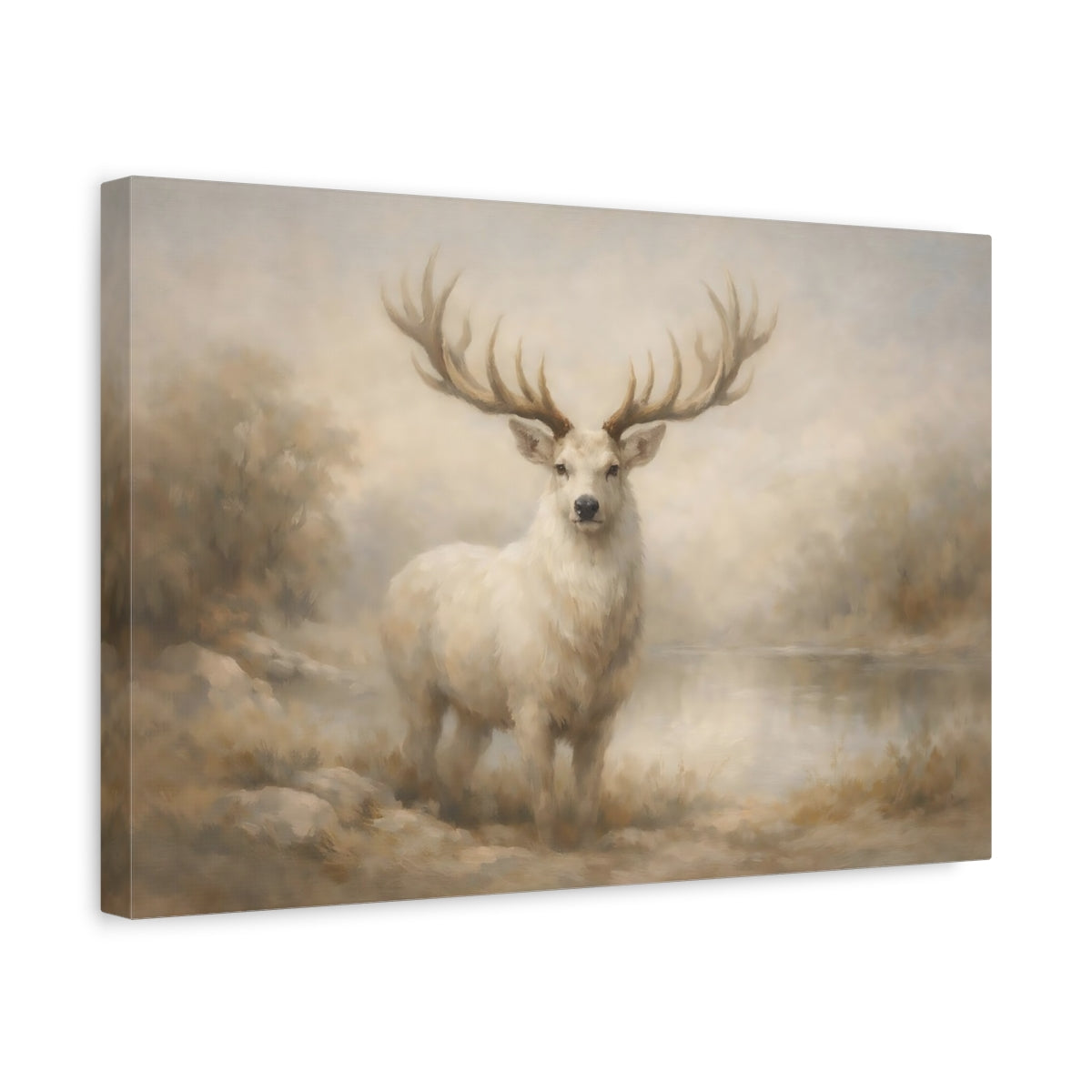 Side Mockup 4. Animals White Deer White Deer Art shown as stretched canvas wall art