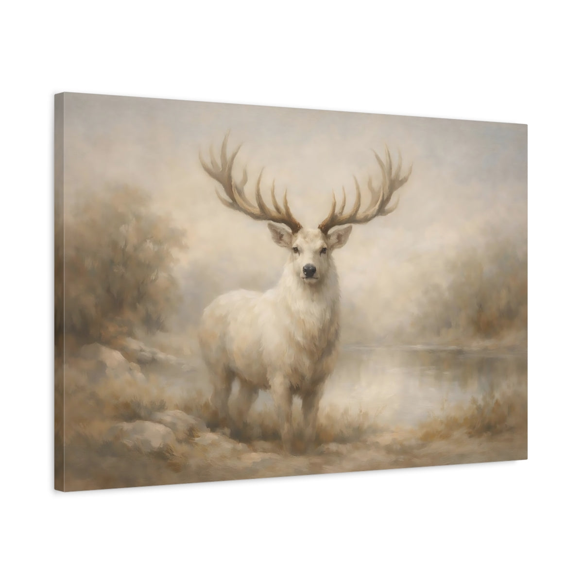 Side Mockup 2. Animals White Deer White Deer Art shown as stretched canvas wall art