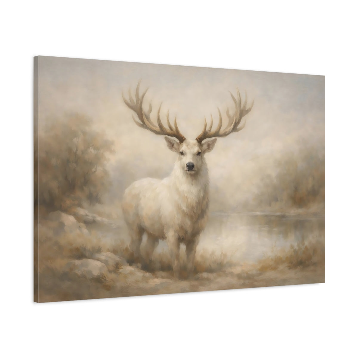 Side Mockup 1. Animals White Deer White Deer Art shown as stretched canvas wall art