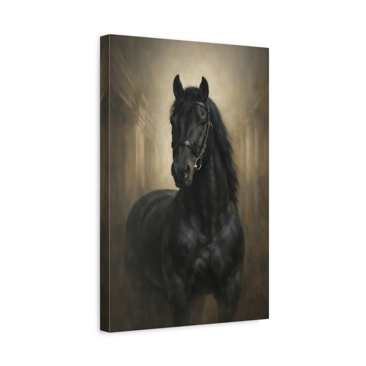 Side Mockup 4. Animals Black Horse Black And Gold Horse shown as stretched canvas wall art