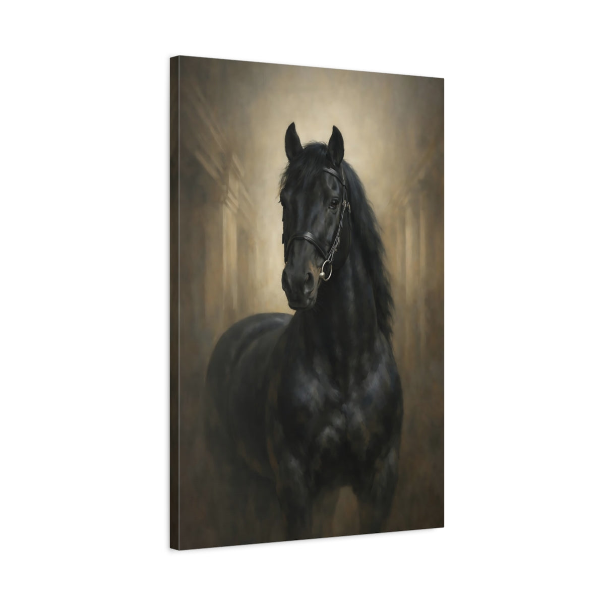 Side Mockup 2. Animals Black Horse Black And Gold Horse shown as stretched canvas wall art