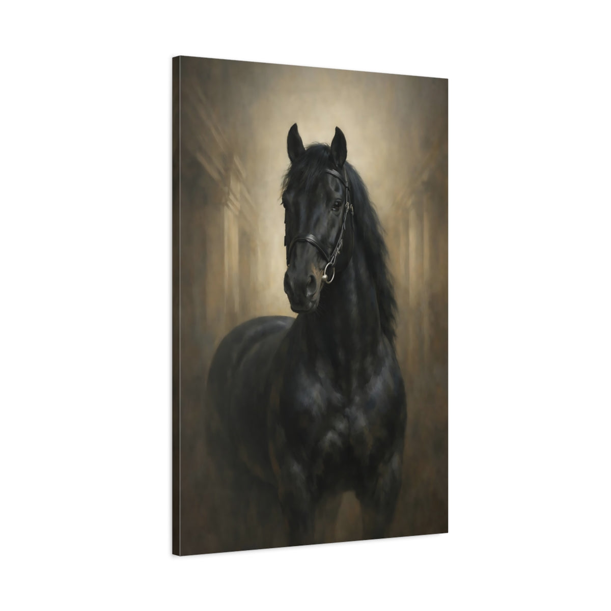 Side Mockup 1. Animals Black Horse Black And Gold Horse shown as stretched canvas wall art