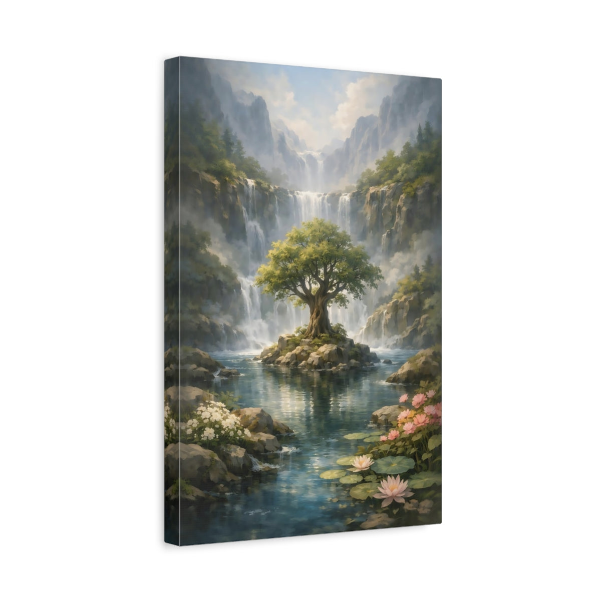 Nature Lush Landscape Waterfall Tree Scene - Canvas Wall Art Print