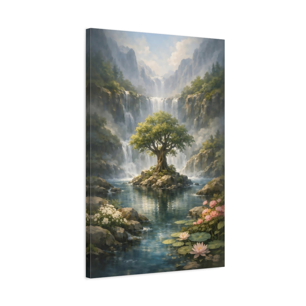 Nature Lush Landscape Waterfall Tree Scene - Canvas Wall Art Print