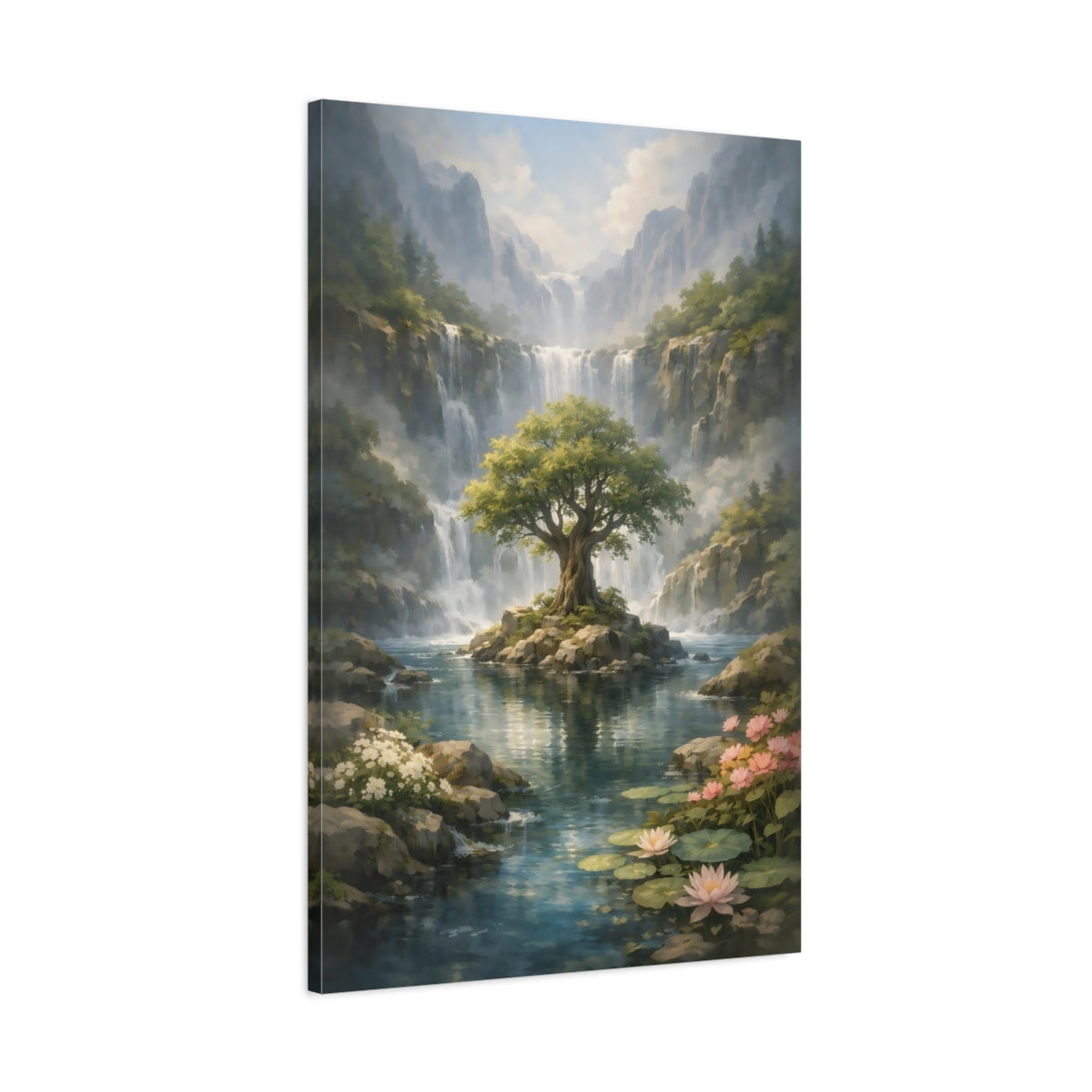 Nature Lush Landscape Waterfall Tree Scene - Canvas Wall Art Print