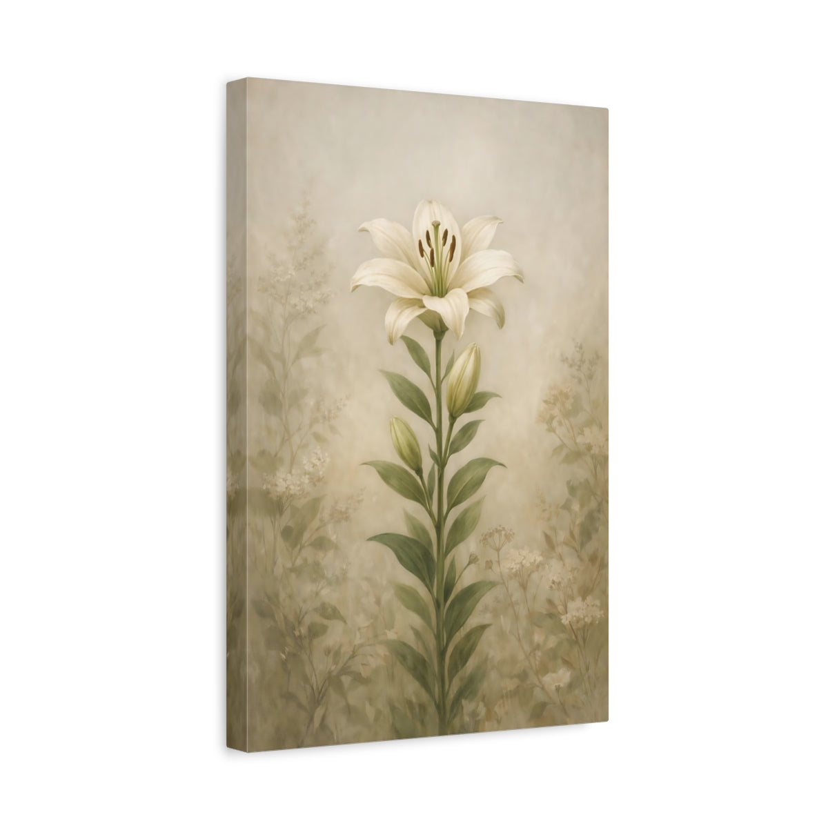 Side Mockup 4. Floral White Lily Cream Green Floral shown as stretched canvas wall art
