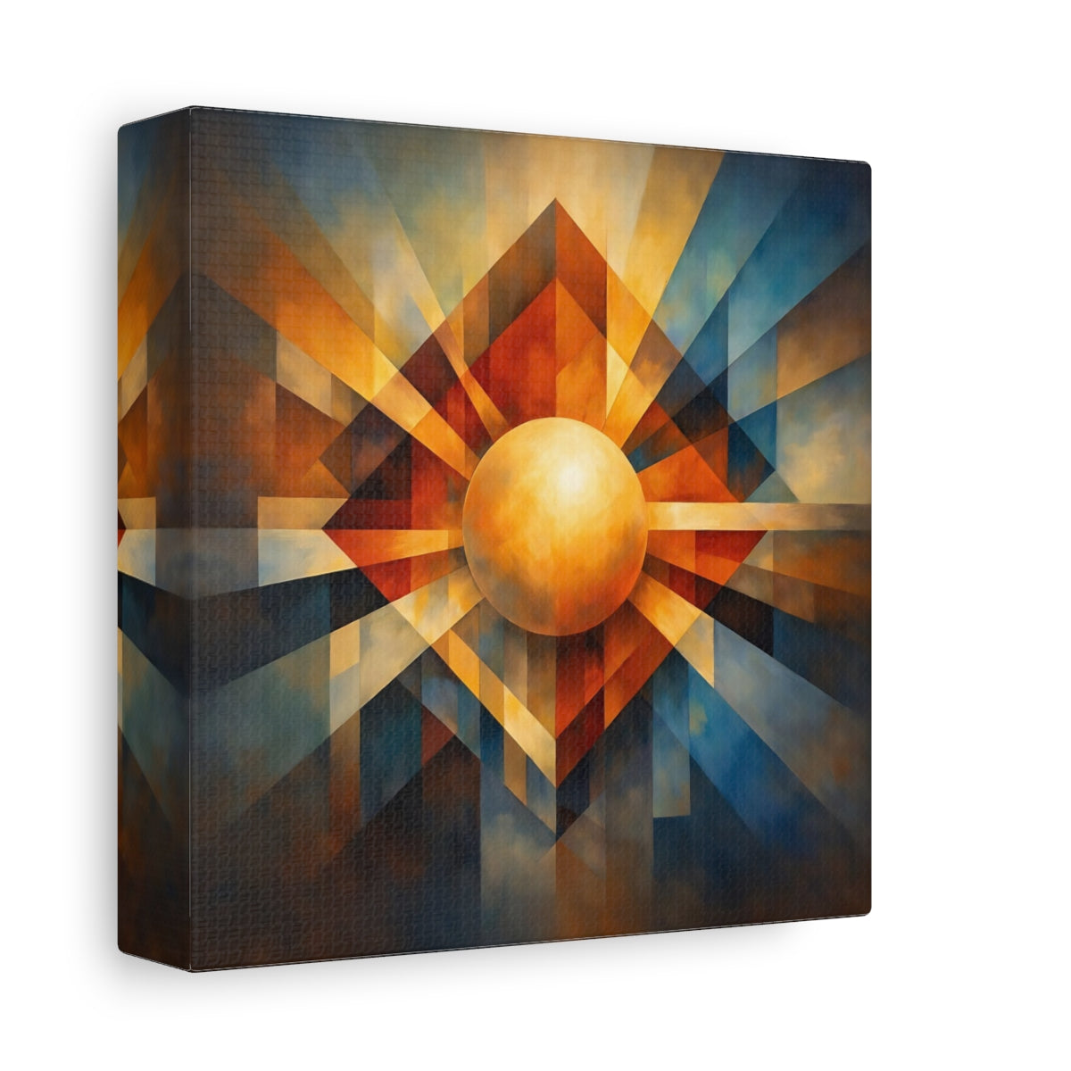 Side Mockup 1. Abstract Geometric Sphere Warm Blue Orange shown as stretched canvas wall art