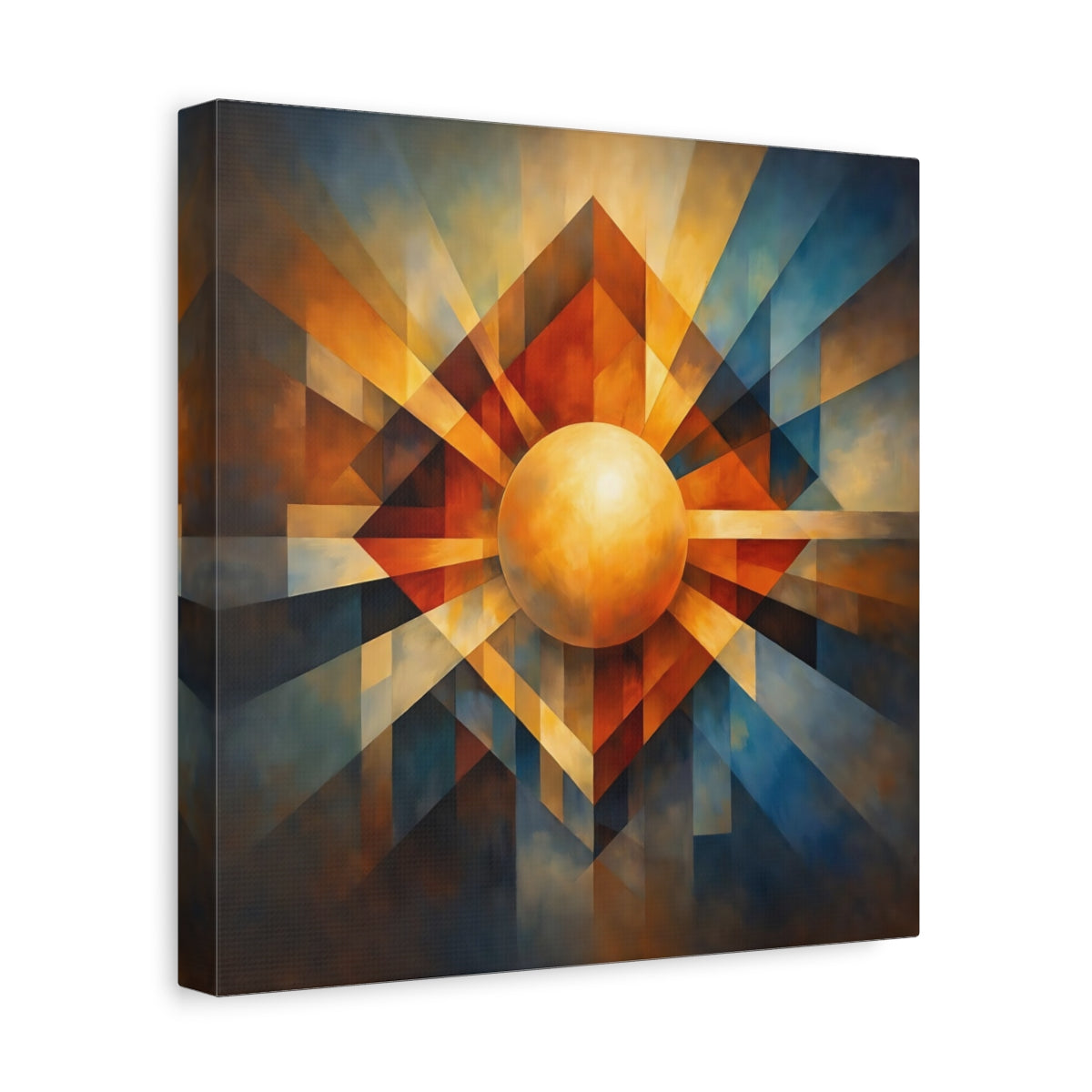 Side Mockup 8. Abstract Geometric Sphere Warm Blue Orange shown as stretched canvas wall art