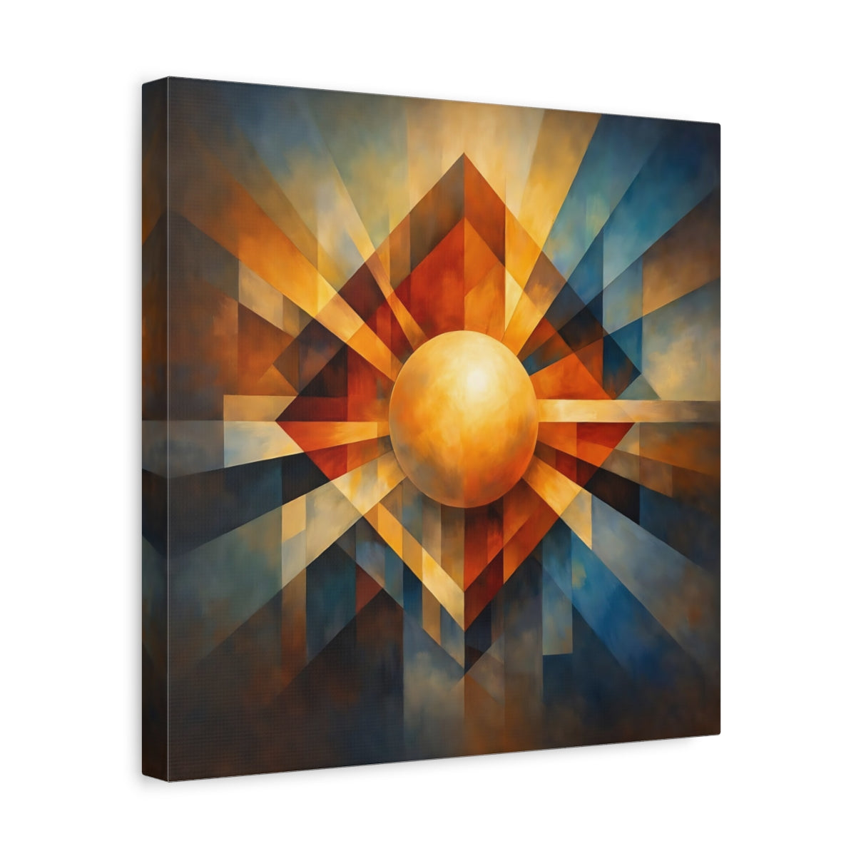 Side Mockup 7. Abstract Geometric Sphere Warm Blue Orange shown as stretched canvas wall art