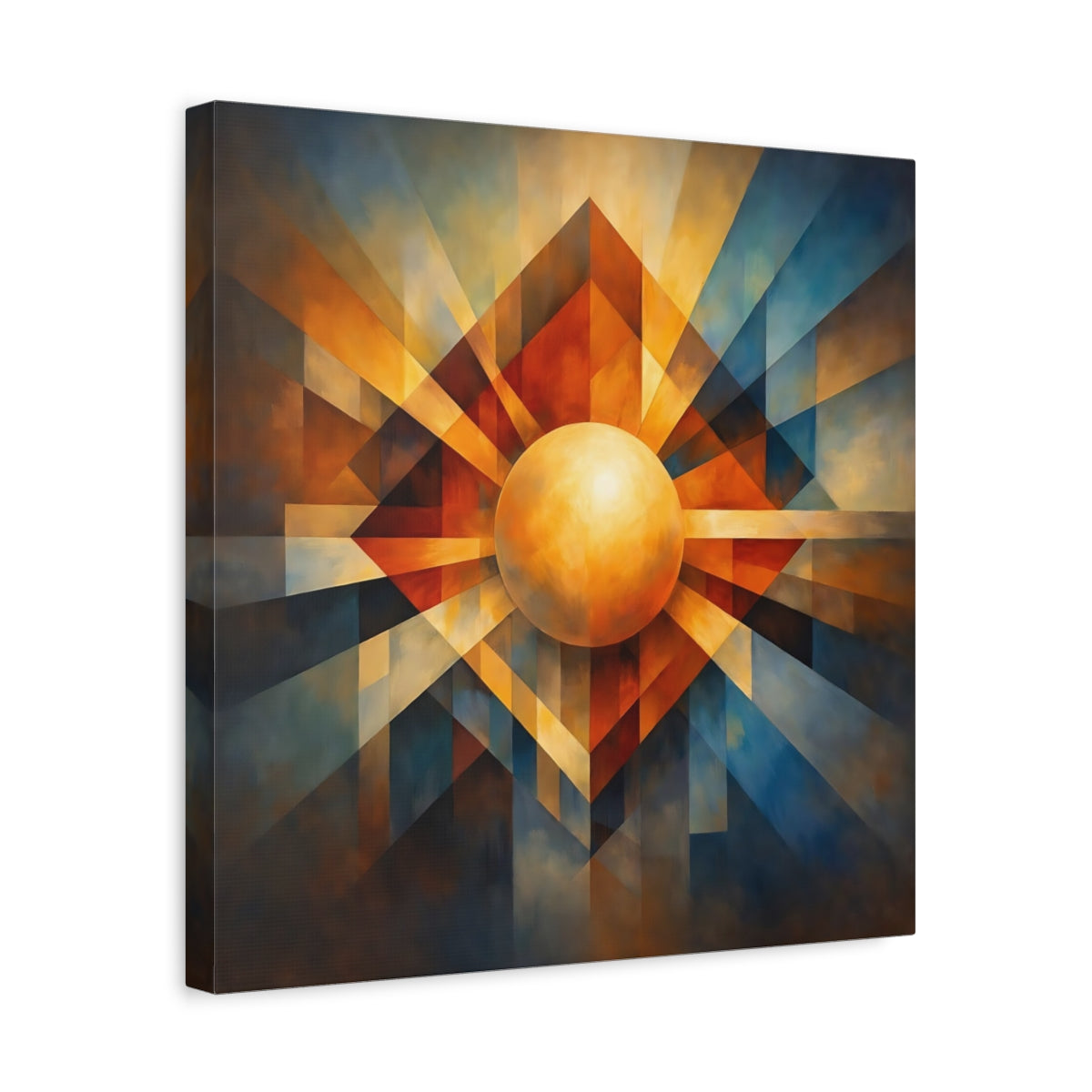 Side Mockup 6. Abstract Geometric Sphere Warm Blue Orange shown as stretched canvas wall art