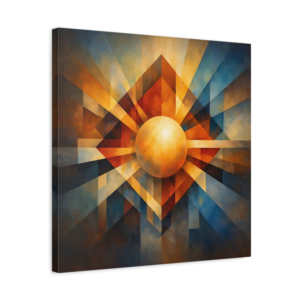 Side Mockup 5. Abstract Geometric Sphere Warm Blue Orange shown as stretched canvas wall art