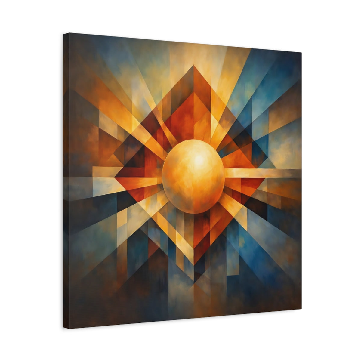 Side Mockup 4. Abstract Geometric Sphere Warm Blue Orange shown as stretched canvas wall art