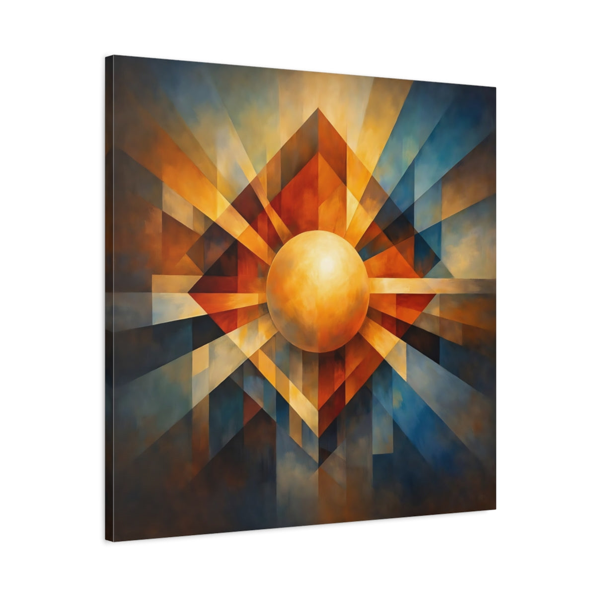 Side Mockup 3. Abstract Geometric Sphere Warm Blue Orange shown as stretched canvas wall art
