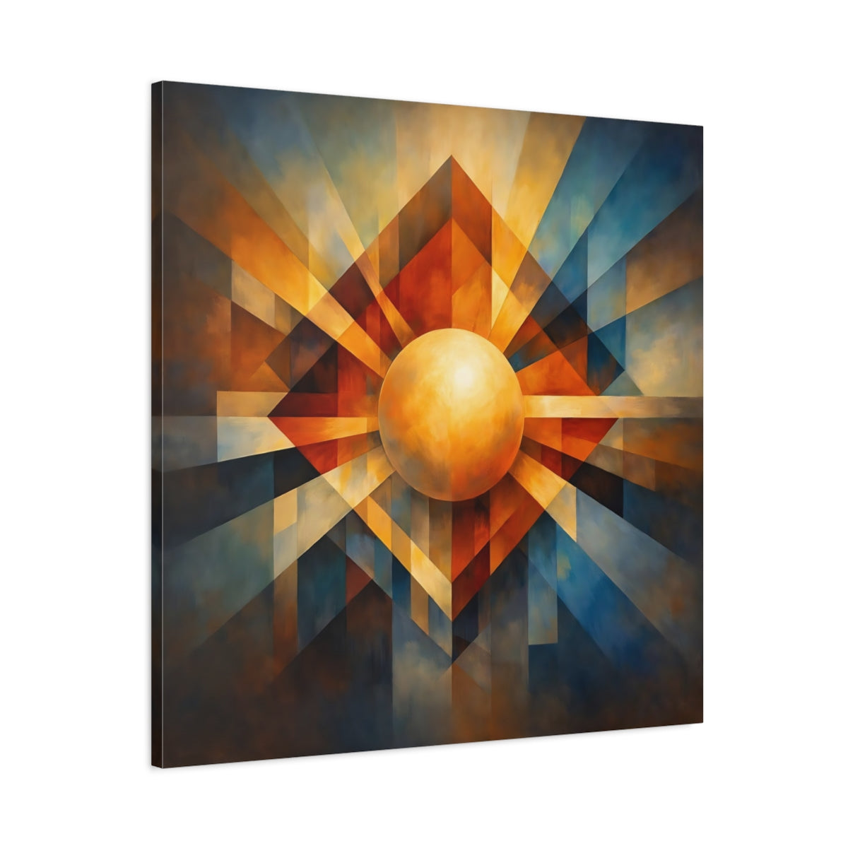 Side Mockup 2. Abstract Geometric Sphere Warm Blue Orange shown as stretched canvas wall art