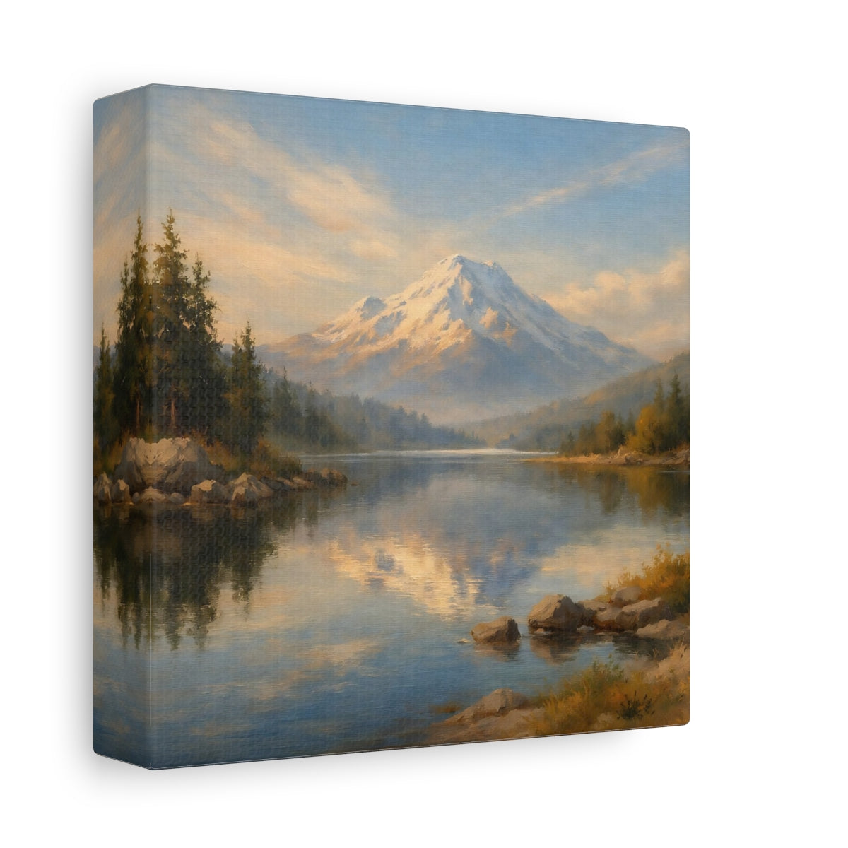 Side Mockup 1. Nature Snowy Mountain Blue Gold Landscape shown as stretched canvas wall art