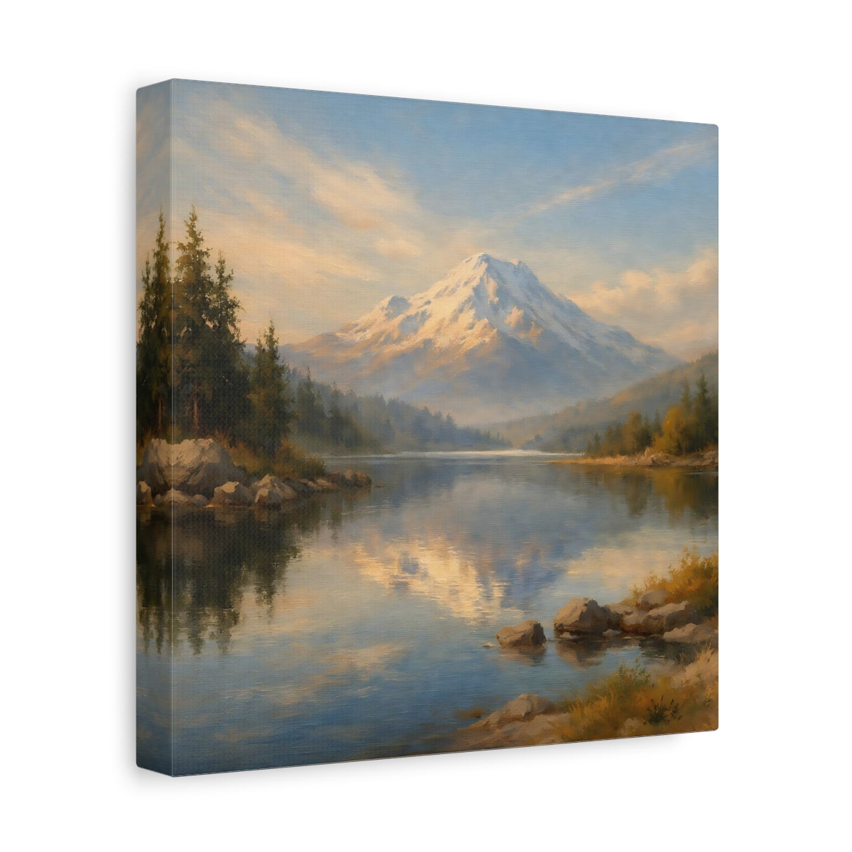 Side Mockup 9. Nature Snowy Mountain Blue Gold Landscape shown as stretched canvas wall art