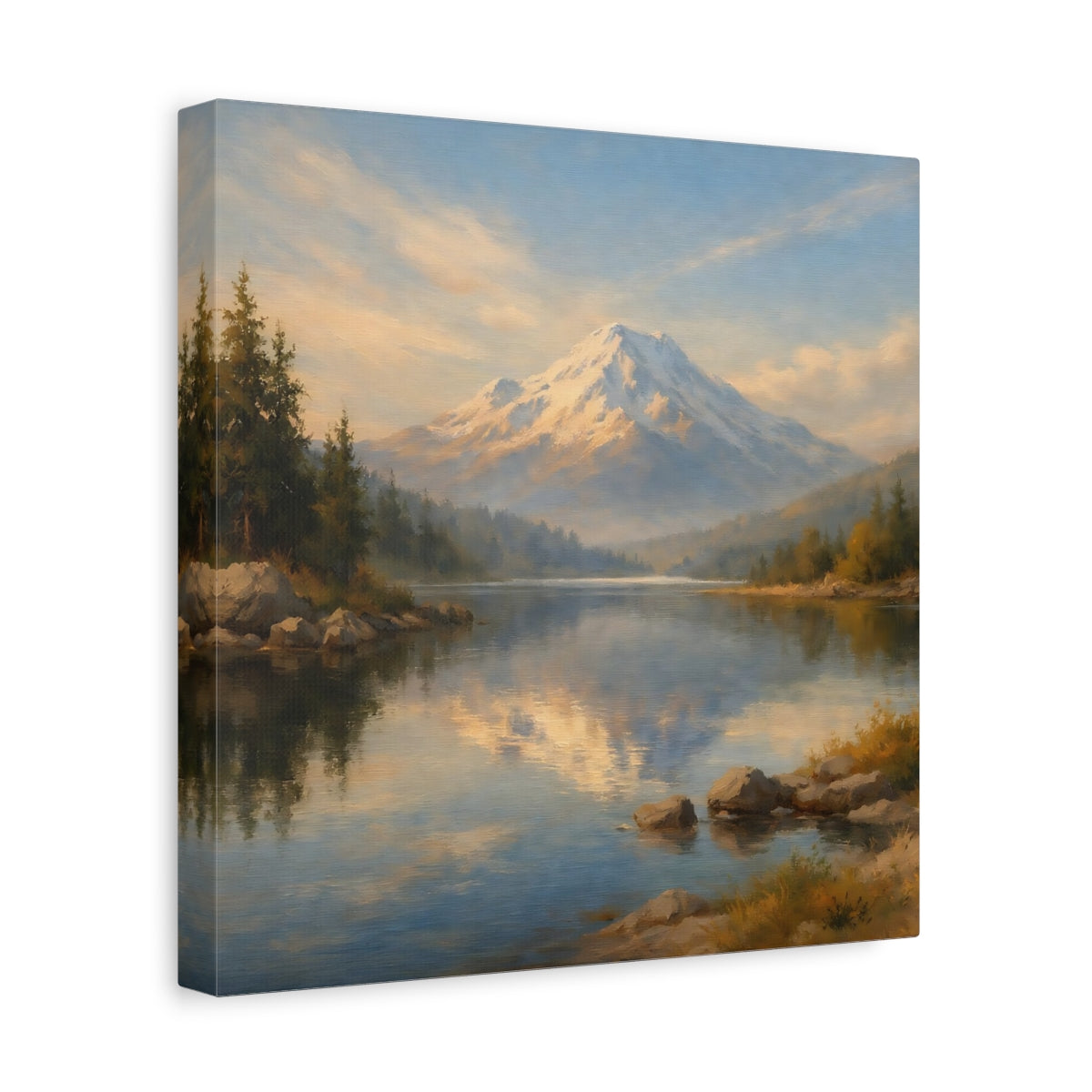 Side Mockup 8. Nature Snowy Mountain Blue Gold Landscape shown as stretched canvas wall art