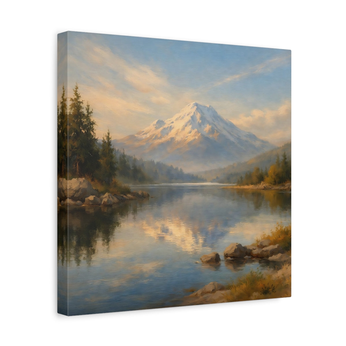 Side Mockup 7. Nature Snowy Mountain Blue Gold Landscape shown as stretched canvas wall art