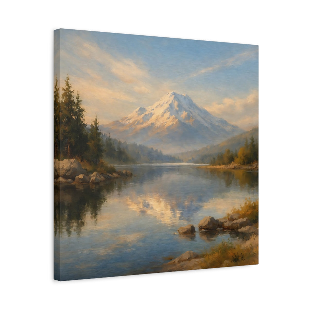 Side Mockup 5. Nature Snowy Mountain Blue Gold Landscape shown as stretched canvas wall art