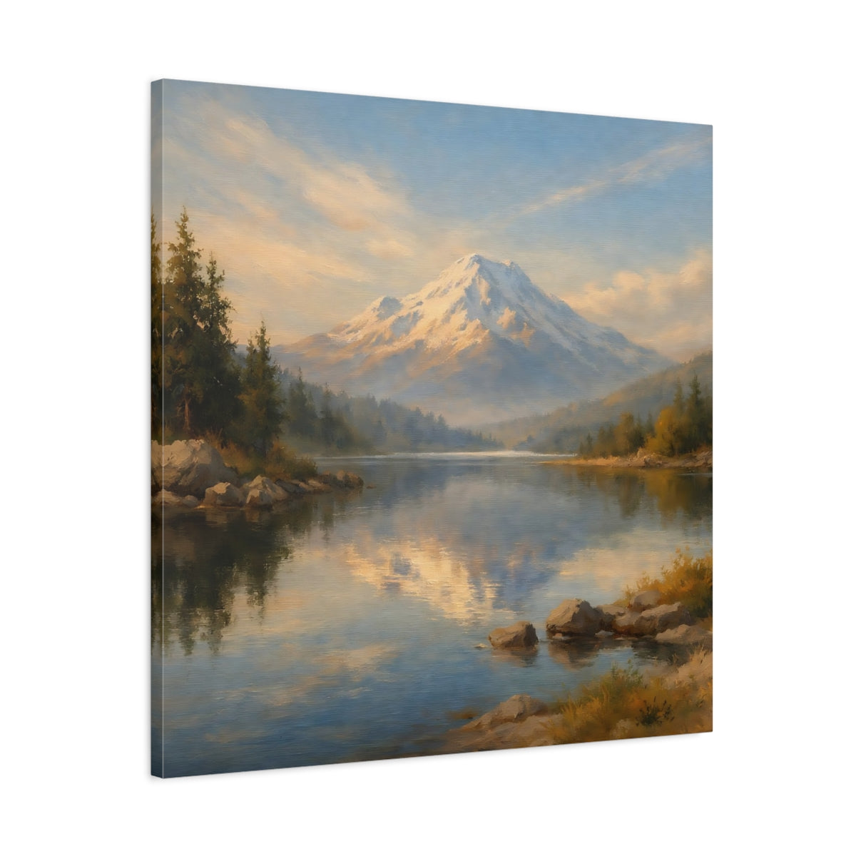 Side Mockup 3. Nature Snowy Mountain Blue Gold Landscape shown as stretched canvas wall art