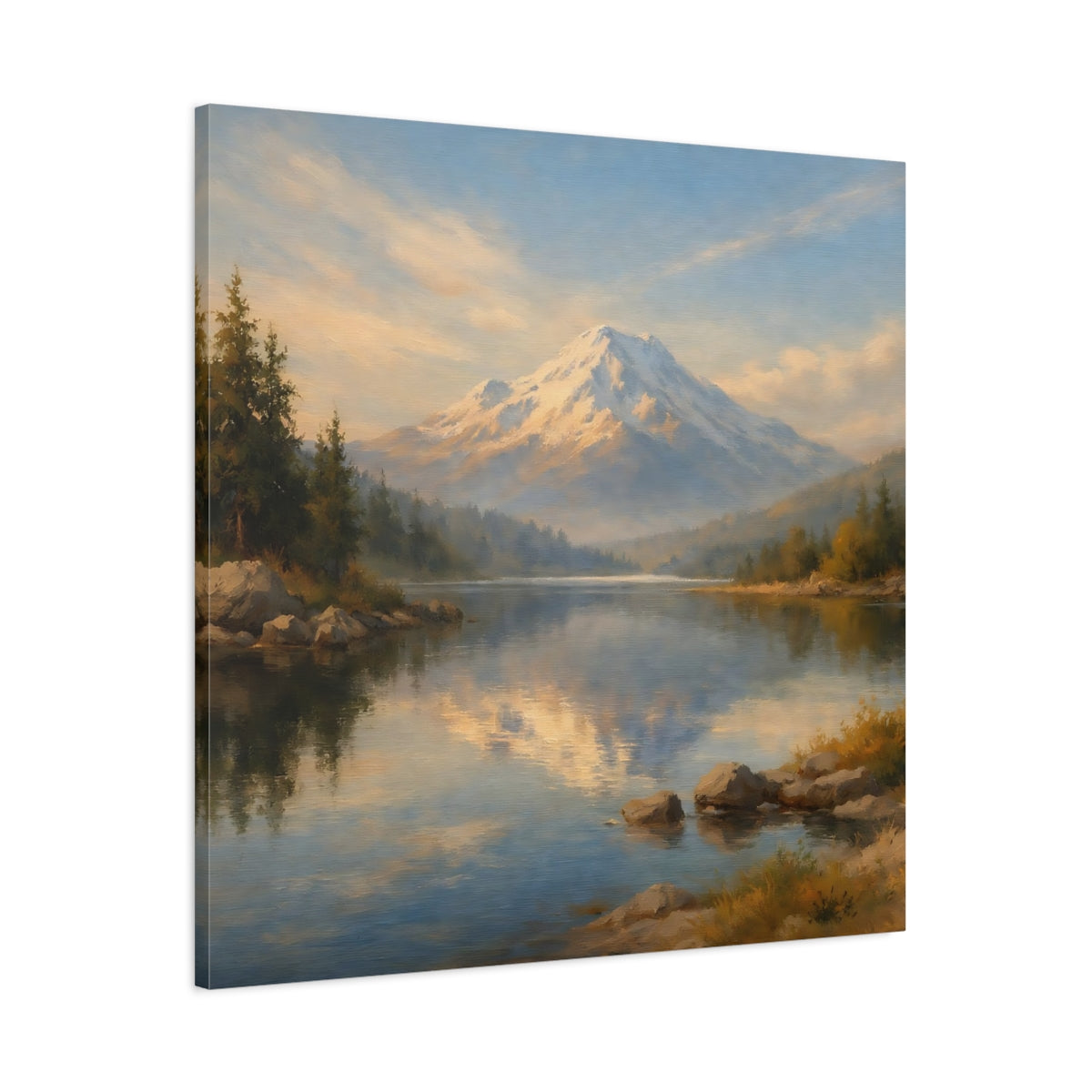 Side Mockup 2. Nature Snowy Mountain Blue Gold Landscape shown as stretched canvas wall art