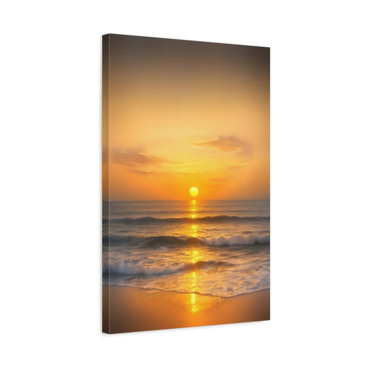 Side Mockup 3. Nature Sunset Ocean Golden Sunset shown as stretched canvas wall art