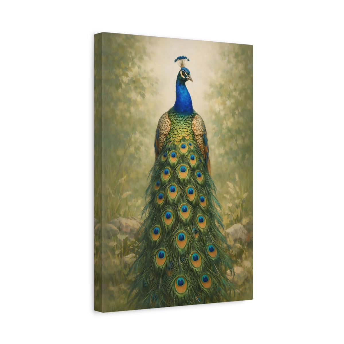 Side Mockup 4. Animals Peacock Blue Green Peacock shown as stretched canvas wall art