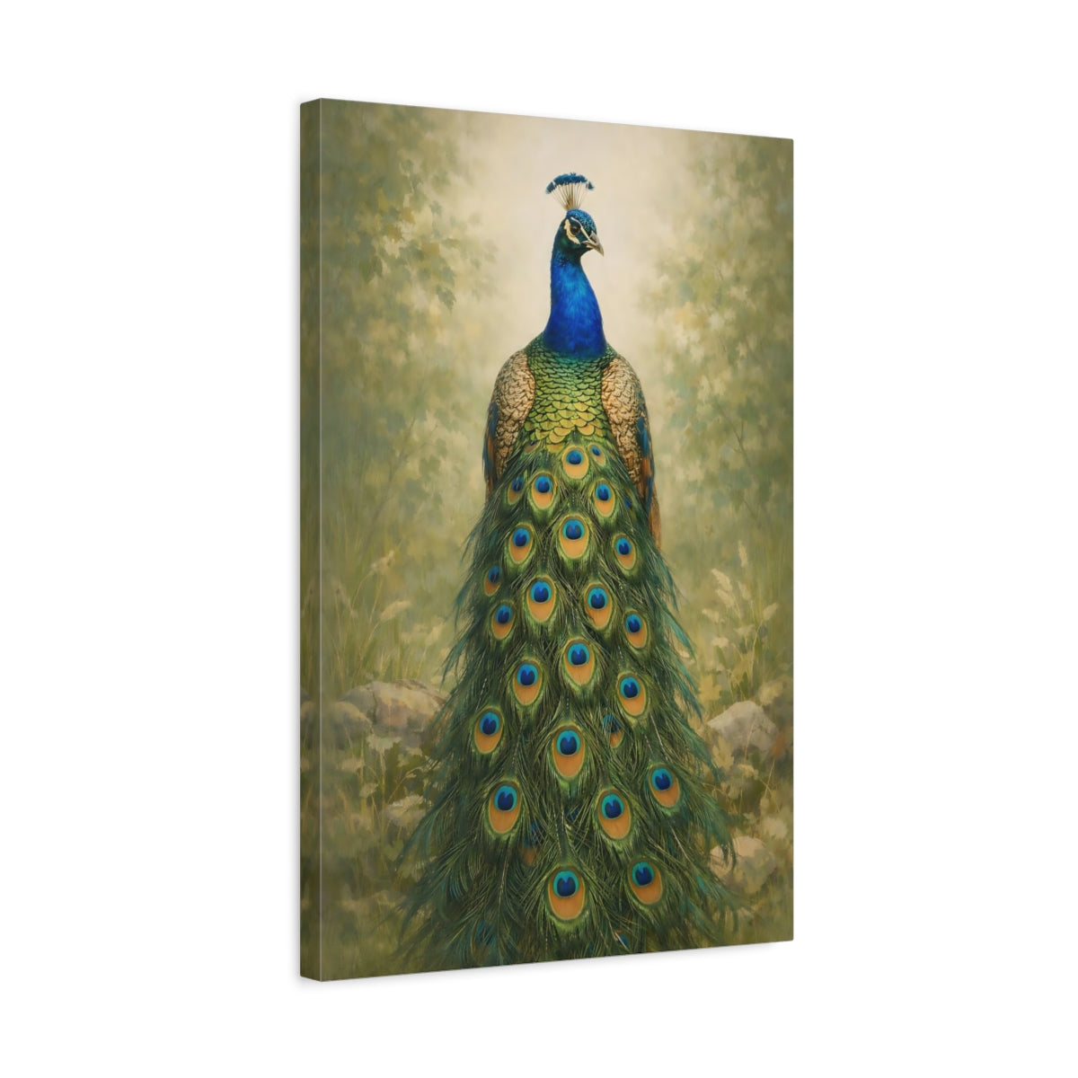 Side Mockup 3. Animals Peacock Blue Green Peacock shown as stretched canvas wall art
