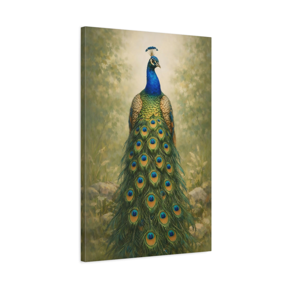 Side Mockup 2. Animals Peacock Blue Green Peacock shown as stretched canvas wall art