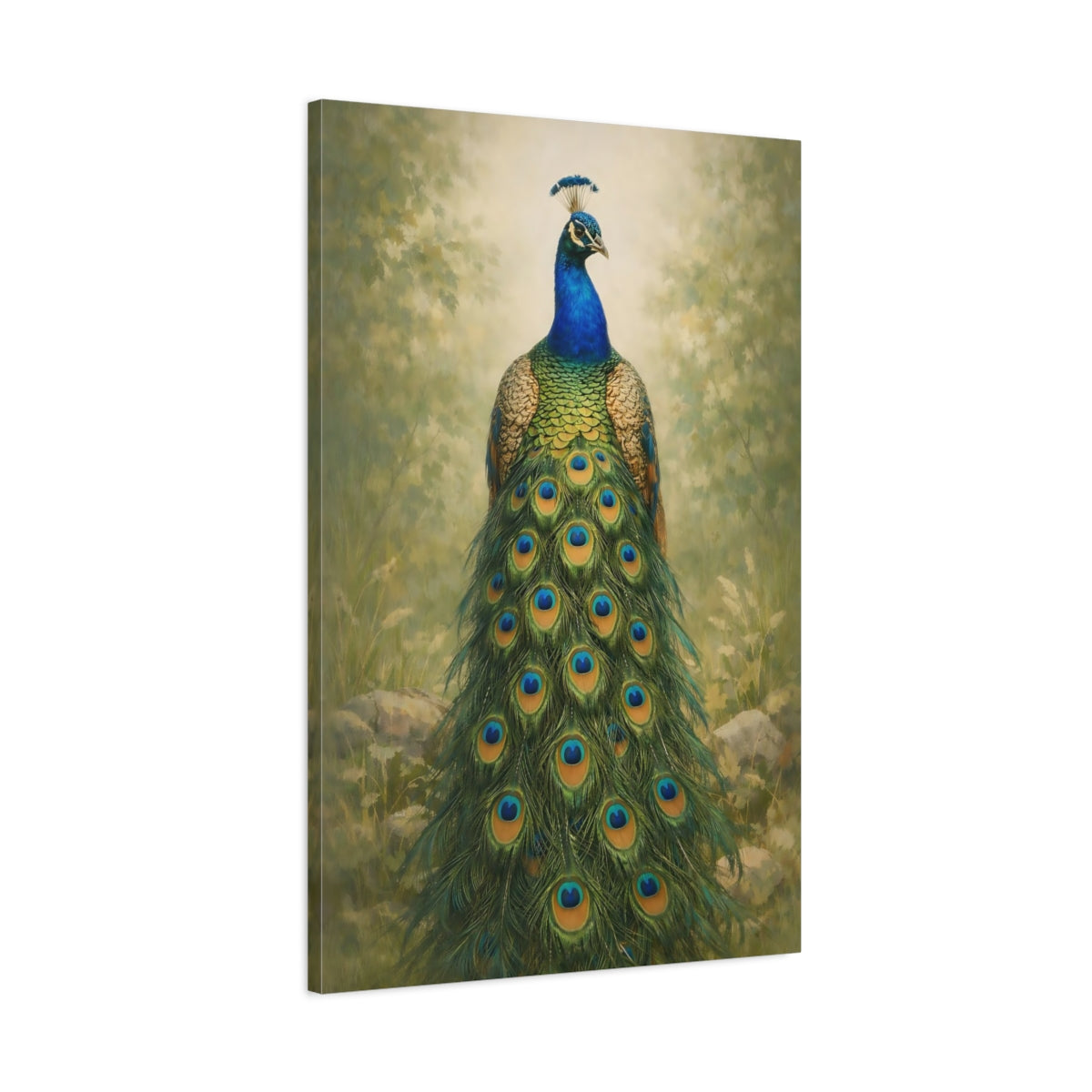 Side Mockup 1. Animals Peacock Blue Green Peacock shown as stretched canvas wall art