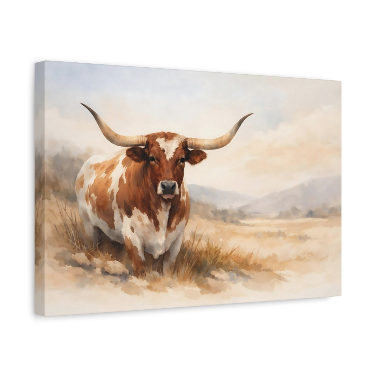 Side Mockup 4. Watercolor Longhorn Cow shown as stretched canvas wall art