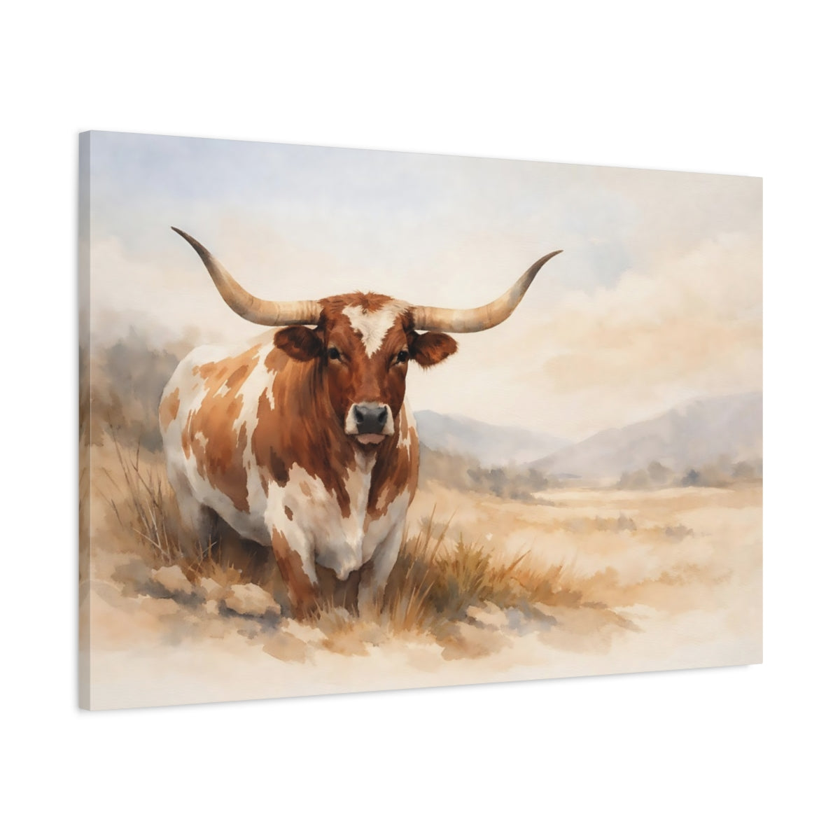 Side Mockup 1. Watercolor Longhorn Cow shown as stretched canvas wall art