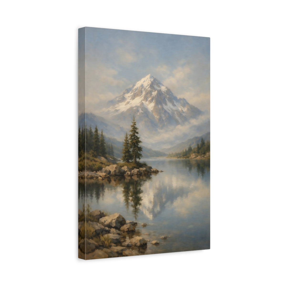 Side Mockup 4. Nature Snowy Mountain Snowy Mountain Lake shown as stretched canvas wall art