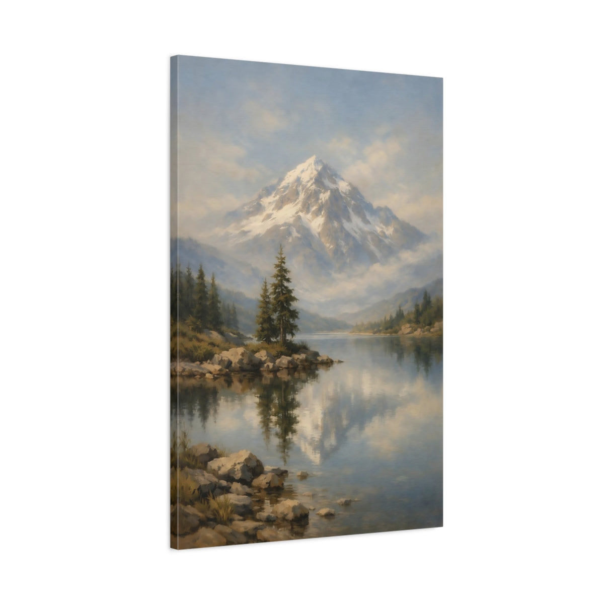 Side Mockup 1. Nature Snowy Mountain Snowy Mountain Lake shown as stretched canvas wall art